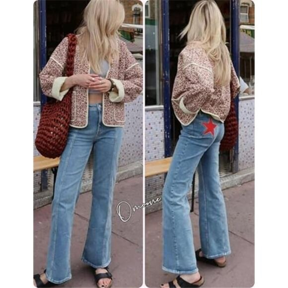 Womens Cropped Quilted Jacket Floral Print Puffer Cardigan Coat Lightweight - Picture 7 of 8